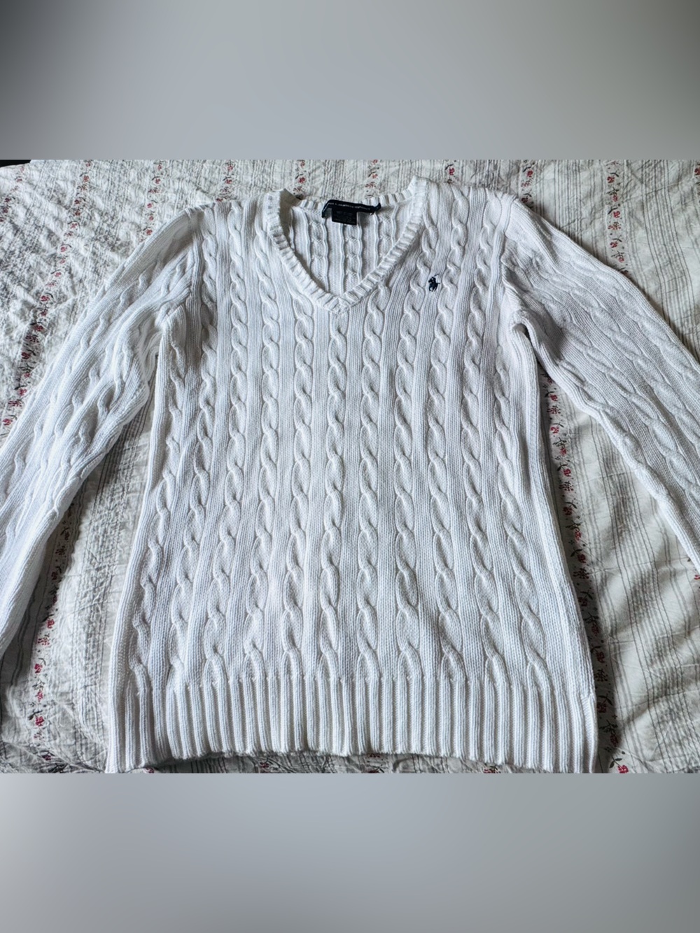 Ralph Lauren White Cable-Knit V-Neck Sweater